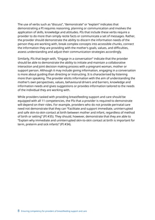 8 Ensuring competency for providers of breastfeeding support and care
The use of verbs such as “discuss”, “demonstrate” or “explain” indicates that
demonstrating a PI requires reasoning, planning or communication and involves the
application of skills, knowledge and attitudes. PIs that include these verbs require a
provider to do more than simply recite facts or communicate a set of messages. Rather,
the provider should demonstrate the ability to discern the information needs of the
person they are working with, break complex concepts into accessible chunks, connect
the information they are providing with the mother’s goals, values, and difficulties,
assess understanding and adjust their communication strategies accordingly.
Similarly, PIs that begin with, “Engage in a conversation” indicate that the provider
should be able to demonstrate the ability to initiate and maintain a collaborative
interaction and joint decision making process with a pregnant woman, mother or
support person. Although it may include giving information, engaging in a conversation
is more about guiding than directing or instructing. It is characterised by listening
more than speaking. The provider elicits information with the aim of understanding the
mother’s own perspectives, values, behavioural drivers and barriers, knowledge and
information needs and gives suggestions or provides information tailored to the needs
of the individual they are working with.
While providers tasked with providing breastfeeding support and care should be
equipped with all 11 competencies, the PIs that a provider is required to demonstrate
will depend on their roles. For example, providers who do not provide perinatal care
need not demonstrate that they can “Facilitate and support immediate, uninterrupted
and safe skin-to-skin contact at birth between mother and infant, regardless of method
of birth or setting” (PI #35). They should, however, demonstrate that they are able to
“Explain why immediate and uninterrupted skin-to-skin contact at birth is important for
term, preterm and sick infants” (PI #34).
 