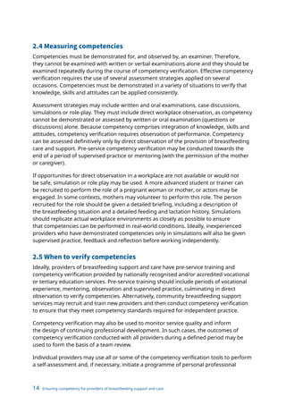 14 Ensuring competency for providers of breastfeeding support and care
2.4 Measuring competencies
Competencies must be demonstrated for, and observed by, an examiner. Therefore,
they cannot be examined with written or verbal examinations alone and they should be
examined repeatedly during the course of competency verification. Effective competency
verification requires the use of several assessment strategies applied on several
occasions. Competencies must be demonstrated in a variety of situations to verify that
knowledge, skills and attitudes can be applied consistently.
Assessment strategies may include written and oral examinations, case discussions,
simulations or role-play. They must include direct workplace observation, as competency
cannot be demonstrated or assessed by written or oral examination (questions or
discussions) alone. Because competency comprises integration of knowledge, skills and
attitudes, competency verification requires observation of performance. Competency
can be assessed definitively only by direct observation of the provision of breastfeeding
care and support. Pre-service competency verification may be conducted towards the
end of a period of supervised practice or mentoring (with the permission of the mother
or caregiver).
If opportunities for direct observation in a workplace are not available or would not
be safe, simulation or role play may be used. A more advanced student or trainer can
be recruited to perform the role of a pregnant woman or mother, or actors may be
engaged. In some contexts, mothers may volunteer to perform this role. The person
recruited for the role should be given a detailed briefing, including a description of
the breastfeeding situation and a detailed feeding and lactation history. Simulations
should replicate actual workplace environments as closely as possible to ensure
that competencies can be performed in real-world conditions. Ideally, inexperienced
providers who have demonstrated competencies only in simulations will also be given
supervised practice, feedback and reflection before working independently.
2.5 When to verify competencies
Ideally, providers of breastfeeding support and care have pre-service training and
competency verification provided by nationally recognised and/or accredited vocational
or tertiary education services. Pre-service training should include periods of vocational
experience, mentoring, observation and supervised practice, culminating in direct
observation to verify competencies. Alternatively, community breastfeeding support
services may recruit and train new providers and then conduct competency verification
to ensure that they meet competency standards required for independent practice.
Competency verification may also be used to monitor service quality and inform
the design of continuing professional development. In such cases, the outcomes of
competency verification conducted with all providers during a defined period may be
used to form the basis of a team review.
Individual providers may use all or some of the competency verification tools to perform
a self-assessment and, if necessary, initiate a programme of personal professional
 