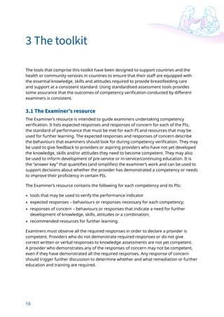 16
3 The toolkit
The tools that comprise this toolkit have been designed to support countries and the
health or community services in countries to ensure that their staff are equipped with
the essential knowledge, skills and attitudes required to provide breastfeeding care
and support at a consistent standard. Using standardised assessment tools provides
some assurance that the outcomes of competency verification conducted by different
examiners is consistent.
3.1 The Examiner’s resource
The Examiner’s resource is intended to guide examiners undertaking competency
verification. It lists expected responses and responses of concern for each of the PIs,
the standard of performance that must be met for each PI and resources that may be
used for further learning. The expected responses and responses of concern describe
the behaviours that examiners should look for during competency verification. They may
be used to give feedback to providers or aspiring providers who have not yet developed
the knowledge, skills and/or attitudes they need to become competent. They may also
be used to inform development of pre-service or in-service/continuing education. It is
the “answer key” that quantifies (and simplifies) the examiner’s work and can be used to
support decisions about whether the provider has demonstrated a competency or needs
to improve their proficiency in certain PIs.
The Examiner’s resource contains the following for each competency and its PIs:
• tools that may be used to verify the performance indicator
• expected responses – behaviours or responses necessary for each competency;
• responses of concern – behaviours or responses that indicate a need for further
development of knowledge, skills, attitudes or a combination;
• recommended resources for further learning.
Examiners must observe all the required responses in order to declare a provider is
competent. Providers who do not demonstrate required responses or do not give
correct written or verbal responses to knowledge assessments are not yet competent.
A provider who demonstrates any of the responses of concern may not be competent,
even if they have demonstrated all the required responses. Any response of concern
should trigger further discussion to determine whether and what remediation or further
education and training are required.
 