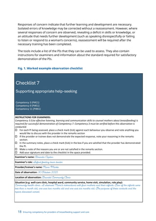 18 Ensuring competency for providers of breastfeeding support and care
Responses of concern indicate that further learning and development are necessary.
Isolated errors of knowledge may be corrected without a reassessment. However, where
several responses of concern are observed, revealing a deficit in skills or knowledge, or
an attitude that needs further development (such as speaking disrespectfully or failing
to listen or respond to a woman’s concerns), reassessment will be required after the
necessary training has been completed.
The tools include a list of the PIs that they can be used to assess. They also contain
instructions for examiners and information about the standard required for satisfactory
demonstration of the PIs.
Fig. 1. Worked example observation checklist
Checklist 7
Supporting appropriate help-seeking
Competency 3 (PI#11)
Competency 9 (PI#51)
Competency 11 (PI#61)
INSTRUCTIONS FOR EXAMINERS:
Competency 3 (Use effective listening, learning and communication skills to counsel mothers about breastfeeding) is
required for successful demonstration of Competency 7. Competency 3 must be verified before this observation is
conducted.
o For each PI being assessed, place a check mark (tick) against each behaviour you observe and note anything you
would like to discuss with the provider in the remarks section
o If the provider or trainee does not demonstrate the expected response, note your reasoning in the remarks
section.
o In the summary notes, place a check mark (tick) in the box if you are satisfied that the provider has demonstrated
the PI.
o Make a note of the reasons you are or are not satisfied in the remarks section.
o Add your signature and date to the checklist in the space provided.
Examiner’s name: Amanita Caplan
Examiner’s role: Infant feeding team leader
Provider/trainee’s name: Nomi Marks
Date of observation: 30 October 2025
Location of observation: Arundel Community Clinic
Situation (e.g. well-care clinic, hospital ward, community service, home visit, simulation, role play):
Community health clinic. I observed Nomi’s interactions with four mothers and their infants. Two of the infants were
less than a month old, one was two months old and one was six months old. The purpose of these contacts and the
topics discussed varied.
SUMMARY NOTES
I am satisfied that the provider has demonstrated:
o PI#11
Nomi showed interest in all of the mothers and their infants. Her body-language was open and her tone of voice was
warm and friendly. She is comfortable with silence and allows mothers to take their time responding to her questions.
 