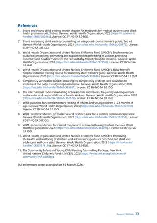 Annex 2. Methods 33
References
1. Infant and young child feeding: model chapter for textbooks for medical students and allied
health professionals, 2nd ed. Geneva: World Health Organization; 2025 (https://iris.who.int/
handle/10665/382885). License: CC BY-NC-SA 3.0 IGO.
2. Infant and young child feeding counselling: an integrated course: trainer’s guide, 2nd ed.
Geneva: World Health Organization; 2021 (https://iris.who.int/handle/10665/350477). License:
CC BY-NC-SA 3.0 IGO.
3. World Health Organization and United Nations Children’s Fund (UNICEF). Implementation
guidance: protecting, promoting and supporting breastfeeding in facilities providing
maternity and newborn services: the revised baby-friendly hospital initiative. Geneva: World
Health Organization; 2018 (https://iris.who.int/handle/10665/272943). License: CC BY-NC-SA
3.0 IGO.
4. World Health Organization and United Nations Children’s Fund (UNICEF). Baby-friendly
hospital initiative training course for maternity staff: trainer’s guide. Geneva: World Health
Organization; 2020 (https://iris.who.int/handle/10665/333676). License: CC BY-NC-SA 3.0 IGO.
5. Competency verification toolkit: ensuring the competency of direct care providers to
implement the baby-friendly hospital initiative. Geneva: World Health Organization; 2020
(https://iris.who.int/handle/10665/333691). License: CC BY-NC-SA 3.0 IGO.
6. The international code of marketing of breast-milk substitutes: frequently asked questions
on the roles and responsibilities of health workers. Geneva: World Health Organization; 2020
(https://iris.who.int/handle/10665/332170). License: CC BY-NC-SA 3.0 IGO.
7. WHO guideline for complementary feeding of infants and young children 6 -23 months of
age. Geneva: World Health Organization; 2023 (https://iris.who.int/handle/10665/373358).
License: CC BY-NC-SA 3.0 IGO.
8. WHO recommendations on maternal and newborn care for a positive postnatal experience.
Geneva: World Health Organization; 2022 (https://iris.who.int/handle/10665/352658). License:
CC BY-NC-SA 3.0 IGO.
9. WHO recommendations for care of the preterm or low-birth-weight infant. Geneva: World
Health Organization; 2022 (https://iris.who.int/handle/10665/363697). License: CC BY-NC-SA
3.0 IGO.
10. World Health Organization and United Nations Children’s Fund (UNICEF). Improving
the health and wellbeing of children and adolescents: guidance on scheduled child and
adolescent well-care visits. Geneva: World Health Organization; 2023 (https://iris.who.int/
handle/10665/376159). License: CC BY-NC-SA 3.0 IGO.
11. The Community Infant and Young Child Feeding Counselling Package. New York:
United Nations Children’s Fund (UNICEF); 2025 (https://www.unicef.org/documents/
community-iycf-package).
(All references were accessed on 16 March 2026.)
 