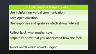 Listening and learning skills
Use helpful non-verbal communication
Aske open question
Use responses and gestures which shows interest
Reflect back what mother says
Empathize show that you understand how she feels
Avoid words which sound judging
 