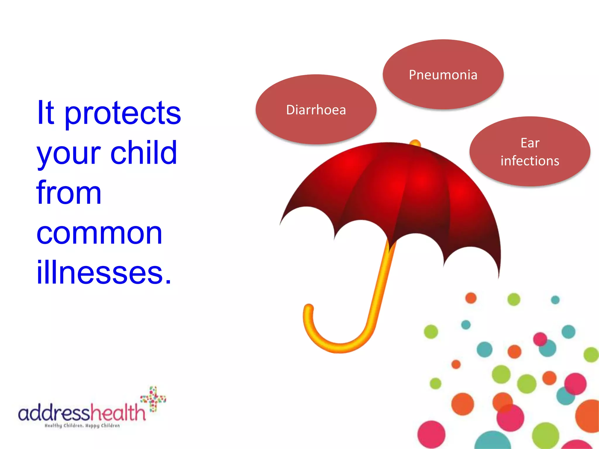 Pneumonia
It protects
your child
from
common
illnesses.
Diarrhoea
Ear
infections