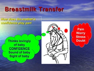 How does the mother’sHow does the mother’s
confidence play partconfidence play part
Breastmilk TransferBreastmilk Transfer
Thinks lovingly
of baby
CONFIDENCE
Sound of baby
Sight of baby
Pain
Worry
Stress
Doubt
 