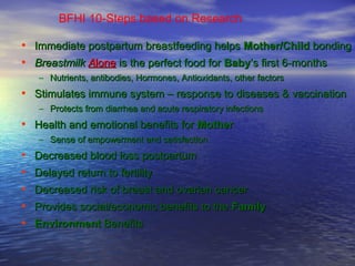 • Immediate postpartum breastfeeding helpsImmediate postpartum breastfeeding helps Mother/ChildMother/Child bondingbonding
• BreastmilkBreastmilk AAlonelone is the perfect food foris the perfect food for BabyBaby’s first 6-months’s first 6-months
– Nutrients, antibodies, Hormones, Antioxidants, other factorsNutrients, antibodies, Hormones, Antioxidants, other factors
• Stimulates immune system – response to diseases & vaccinationStimulates immune system – response to diseases & vaccination
– Protects from diarrhea and acute respiratory infectionsProtects from diarrhea and acute respiratory infections
• Health and emotional benefits forHealth and emotional benefits for MotherMother
– Sense of empowerment and satisfactionSense of empowerment and satisfaction
• Decreased blood loss postpartumDecreased blood loss postpartum
• Delayed return to fertilityDelayed return to fertility
• Decreased risk of breast and ovarian cancerDecreased risk of breast and ovarian cancer
• Provides social/economic benefits to theProvides social/economic benefits to the FamilyFamily
• EnvironmentEnvironment BenefitsBenefits
BFHI 10-Steps based on Research
 