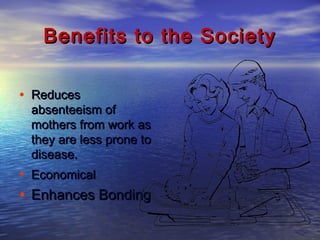 Benefits to the SocietyBenefits to the Society
• ReducesReduces
absenteeism ofabsenteeism of
mothers from work asmothers from work as
they are less prone tothey are less prone to
disease.disease.
• EconomicalEconomical
• Enhances BondingEnhances Bonding
 