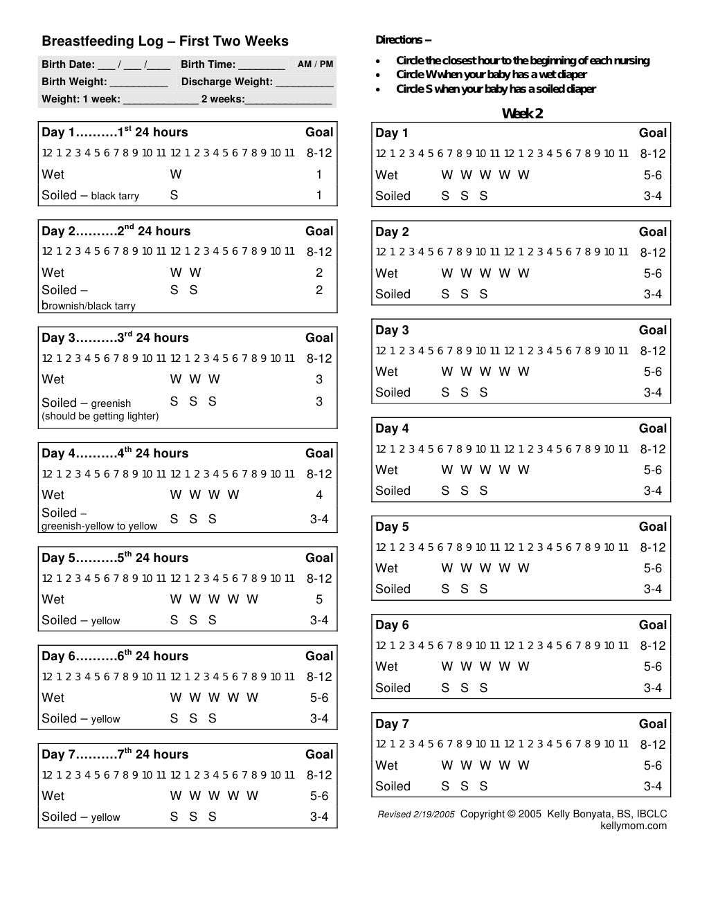 Breastfeeding Log Frist Two Weeks