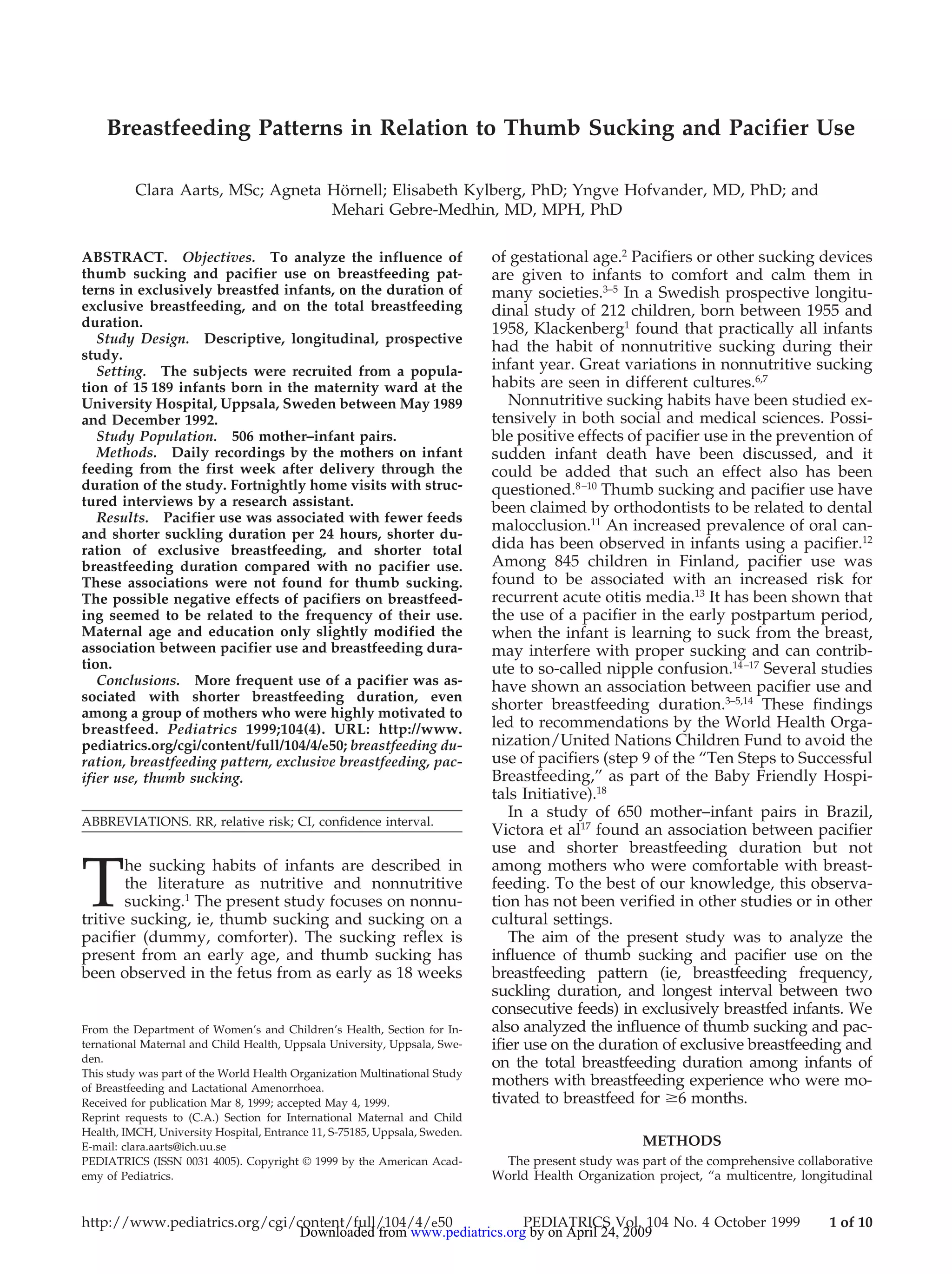 Breastfeeding Patterns In Relation To Thumb Sucking And Pacifier Use