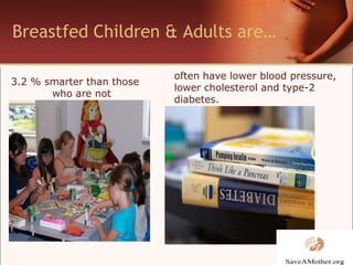 Breastfed Children & Adults are…often have lower blood pressure, lower cholesterol and type-2 diabetes.3.2 % smarter than those who are not