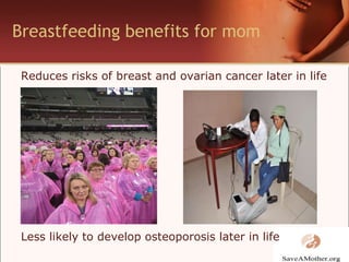 Breastfeeding benefits for momReduces risks of breast and ovarian cancer later in lifeLess likely to develop osteoporosis later in life