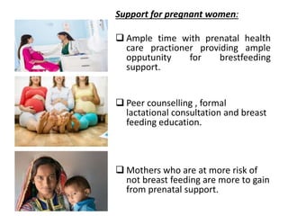 Support for pregnant women:
 Ample time with prenatal health
care practioner providing ample
opputunity for brestfeeding
support.
 Peer counselling , formal
lactational consultation and breast
feeding education.
 Mothers who are at more risk of
not breast feeding are more to gain
from prenatal support.
 