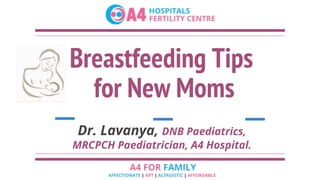 Breastfeeding Tips
for New Moms
Dr. Lavanya, DNB Paediatrics,
MRCPCH Paediatrician, A4 Hospital.
 