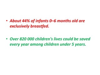• About 44% of infants 0–6 months old are
exclusively breastfed.
• Over 820 000 children's lives could be saved
every year among children under 5 years.
 