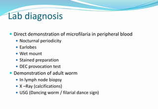 To conclude……
 In endemic areas, Filariasis should be considered as one of the
differential diagnoses of breast lumps or ...