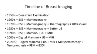 Timeline of Breast Imaging
• 1950’s – Breast Self Examination
• 1960’s – BSE + Mammography
• 1970’s – BSE + Mammography + Thermography + Ultrasound
• 1980’s – BSE + Mammography + Better US
• 1990’s – BSE + Mammo + US + MRI
• 2000’s – Digital Mammo + US + MRI
• 2020?? – Digital Mammo + US + MRI + MR spectroscopy +
Tomosynthesis + PEM + BSGI
 