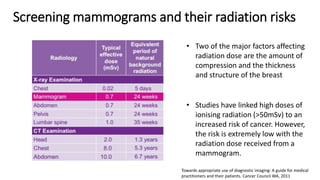 Screening mammograms and their radiation risks
Towards appropriate use of diagnostic imaging: A guide for medical
practitioners and their patients. Cancer Council WA, 2011
• Two of the major factors affecting
radiation dose are the amount of
compression and the thickness
and structure of the breast
• Studies have linked high doses of
ionising radiation (>50mSv) to an
increased risk of cancer. However,
the risk is extremely low with the
radiation dose received from a
mammogram.
 