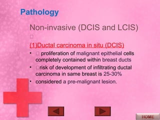 Pathology
  Non-invasive (DCIS and LCIS)
  
  (1)Ductal carcinoma in situ (DCIS)
  •  proliferation of malignant epithelial cells
    completely contained within breast ducts
  • risk of development of infiltrating ductal
    carcinoma in same breast is 25-30%
  • considered a pre-malignant lesion.
 