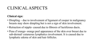 CLINICAL ASPECTS
Clinical sign:
• Dimpling – due to involvement of ligament of cooper in malignancy
breasts may show dimpling but is not a sign of skin involvement.
• Retraction of nipple- caused due to fibrosis of lactiferous ducts.
• Peau d’orange- orange peel appearance of the skin over breast due to
sub-dermal/ cutaneous lymphatics involvement. It is caused due to
lymphatic edema of skin and hair follicles.
 
