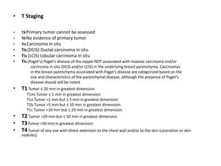 • T Staging
• TXPrimary tumor cannot be assessed
• T0No evidence of primary tumor
• TisCarcinoma in situ
• Tis(DCIS) Ductal carcinoma in situ
• Tis (LCIS) Lobular carcinoma in situ
• Tis (Paget’s) Paget’s disease of the nipple NOT associated with invasive carcinoma and/or
carcinoma in situ (DCIS and/or LCIS) in the underlying breast parenchyma. Carcinomas
in the breast parenchyma associated with Paget’s disease are categorized based on the
size and characteristics of the parenchymal disease, although the presence of Paget’s
disease should still be noted
• T1Tumor ≤ 20 mm in greatest dimension
T1mi Tumor ≤ 1 mm in greatest dimension
T1a Tumor >1 mm but ≤ 5 mm in greatest dimension
T1b Tumor >5 mm but ≤ 10 mm in greatest dimension
T1c Tumor >10 mm but ≤ 20 mm in greatest dimension
• T2 Tumor >20 mm but ≤ 50 mm in greatest dimension
• T3Tumor >50 mm in greatest dimension
• T4 Tumor of any size with direct extension to the chest wall and/or to the skin (ulceration or skin
nodules).
 