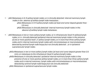 • pN2 Metastases in 4–9 axillary lymph nodes; or in clinically detected internal mammary lymph
nodes in the absence of axillary lymph node metastases
pN2a Metastases in 4–9 axillary lymph nodes (at least one tumor deposit greater than
2.0 mm)
pN2b Metastases in clinically detected internal mammary lymph nodes in the
absence of axillary lymph node metastases
• pN3 Metastases in ten or more axillary lymph nodes; or in infraclavicular (level III axillary) lymph
nodes; or in clinically detected ipsilateral internal mammary lymph nodes in the presence
of one or more positive level I, II axillary lymph nodes; or in more than three axillary lymph
nodes and in internal mammary lymph nodes with micrometastases or macrometastases
detected by sentinel lymph node biopsy but not clinically detected ; or in ipsilateral
supraclavicular lymph nodes
pN3a Metastases in ten or more axillary lymph nodes (at least one tumor deposit greater than 2.0
mm); or metastases to the infraclaviculr (level III axillary lymph) nodes
pN3b Metastases in clinically detected ipsilateral internal mammary lymph nodes in the
presence of one or more positive axillary lymph nodes; or in more than three axillary lymph
nodes and in internal mammary lymph nodes with micrometastases or macrometastases
detected by sentinel lymph node biopsy but not clinically detected
pN3c Metastases in ipsilateral supraclavicular lymph nodes
 