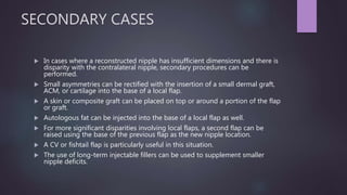 SECONDARY CASES
 In cases where a reconstructed nipple has insufficient dimensions and there is
disparity with the contralateral nipple, secondary procedures can be
performed.
 Small asymmetries can be rectified with the insertion of a small dermal graft,
ACM, or cartilage into the base of a local flap.
 A skin or composite graft can be placed on top or around a portion of the flap
or graft.
 Autologous fat can be injected into the base of a local flap as well.
 For more significant disparities involving local flaps, a second flap can be
raised using the base of the previous flap as the new nipple location.
 A CV or fishtail flap is particularly useful in this situation.
 The use of long-term injectable fillers can be used to supplement smaller
nipple deficits.
 
