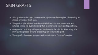 SKIN GRAFTS
 Skin grafts can be used to create the nipple-areola complex, often using an
ellipse of medial thigh skin.
 The graft is placed over the de-epithelialized, circular, donor site and
sutured with a tie-over dressing that is removed 1 week postoperatively.
 A separate, central graft is placed to simulate the nipple. Alternately, the
skin graft is placed around a local flap or composite graft.
 These grafts, however, are poor color matches to "normal" areolae.
 