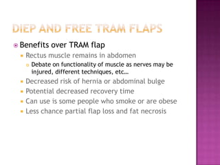  Benefits     over TRAM flap
    Rectus muscle remains in abdomen
        Debate on functionality of muscle as nerves may be
         injured, different techniques, etc…
    Decreased risk of hernia or abdominal bulge
    Potential decreased recovery time
    Can use is some people who smoke or are obese
    Less chance partial flap loss and fat necrosis
 