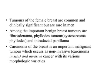 • Tumours of the female breast are common and
clinically significant but are rare in men
• Among the important benign breast tumours are
fibroadenoma, phyllodes tumour(cystosarcoma
phyllodes) and intraductal papilloma
• Carcinoma of the breast is an important malignant
tumour which occurs as non-invasive (carcinoma
in situ) and invasive cancer with its various
morphologic varieties
 