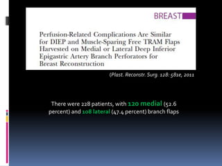(Plast. Reconstr. Surg. 128: 581e, 2011




 There were 228 patients, with 120 medial (52.6
percent) and 108 lateral (47.4 percent) branch flaps
 