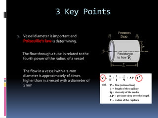 3 Key Points

1. Vessel diameter is important and
   Poiseuille’s law is determining.

   The flow through a tube is related to the
   fourth power of the radius of a vessel


   The flow in a vessel with a 2-mm
   diameter is approximately 16 times
   higher than in a vessel with a diameter of
   1 mm
 