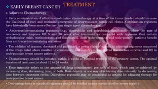 TREATMENT EARLY BREAST CANCER
3. Adjuvant Chemotherapy
• Early administration of effective combination chemotherapy at a time of low tumor burden should increase
the likelihood of cure and minimize emergence of drug-resistant tumor cell clones. Combination regimens
have historically been more effective than single agent chemotherapy.
• Anthracycline-containing regimens (e.g., doxorubicin and epirubicin) significantly reduce the rate of
recurrence and improve OS 5 and 10 years after treatment as compared with regimens that contain
cyclophospha- mide, methotrexate, and fluorouracil. Both node-negative and node-positive patients benefit
from anthracycline-containing regimens.
• The addition of taxanes, docetaxel and paclitaxel, a newer class of agents, to adjuvant regimens comprised
of the drugs listed above resulted in consistently and significantly improved disease-free survival and OS in
node-positive breast cancer patients.
• Chemotherapy should be initiated within 3 weeks of surgical removal of the primary tumor. The optimal
duration of treatment is about 12 to 24 weeks.
• Dose intensity refers to the amount of drug administered per unit of time, which can be achieved by
increasing dose, decreasing time, or both. Dose density is one way of achieving dose intensity by decreasing
time between treatment cycles. Dose-dense regimens may be considered as options for adjuvant therapy for
node-positive breast cancer.
• Decreasing doses in standard regimens should be avoided unless necessitated by severe toxicity.
 