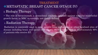 TREATMENT
METASTATIC BREAST CANCER (STAGE IV)
2. Biologic Therapy
• The role of bevacizumab, a monoclonal antibody targeted against vascular endothelial
growth factor, in MBC is currently not clearly defined.
3. Radiation Therapy
Radiation is commonly used to treat painful bone metastases or other localized sites of
disease including brain and spinal cord lesions. Pain relief is seen in approximately 90%
of patients who receive RT.
 