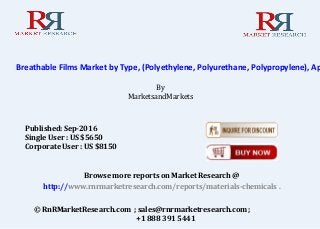Breathable Films Market by Type, (Polyethylene, Polyurethane, Polypropylene), Ap
By
MarketsandMarkets
Browse more reports on Market Research @
http://www.rnrmarketresearch.com/reports/materials-chemicals .
© RnRMarketResearch.com ; sales@rnrmarketresearch.com ;
+1 888 391 5441
Published: Sep-2016
Single User : US $5650
Corporate User : US $8150
 