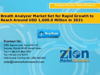 Published By:Zion Market Research
Breath Analyzer Market Set for Rapid Growth to
Reach Around USD 1,600.0 Million in 2021
Contact Us:
4283, Express Lane, Suite 634-143,
Sarasota, Florida 34249, United States
Tel: +1-386-310-3803 GMT
Tel: +49-322 210 92714
USA/Canada Toll Free No.1-855-465-4651
sales@zionmarketresearch.com
 