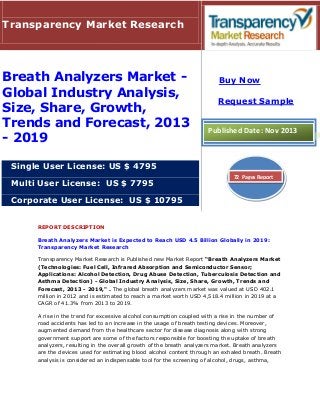 Transparency Market Research

Breath Analyzers Market Global Industry Analysis,
Size, Share, Growth,
Trends and Forecast, 2013
- 2019

Buy Now
Request Sample

Published Date: Nov 2013

Single User License: US $ 4795
Multi User License: US $ 7795

72 Pages Report

Corporate User License: US $ 10795
REPORT DESCRIPTION
Breath Analyzers Market is Expected to Reach USD 4.5 Billion Globally in 2019:
Transparency Market Research
Transparency Market Research is Published new Market Report “Breath Analyzers Market
(Technologies: Fuel Cell, Infrared Absorption and Semiconductor Sensor;
Applications: Alcohol Detection, Drug Abuse Detection, Tuberculosis Detection and
Asthma Detection) - Global Industry Analysis, Size, Share, Growth, Trends and
Forecast, 2013 - 2019," . The global breath analyzers market was valued at USD 402.1
million in 2012 and is estimated to reach a market worth USD 4,518.4 million in 2019 at a
CAGR of 41.3% from 2013 to 2019.
A rise in the trend for excessive alcohol consumption coupled with a rise in the number of
road accidents has led to an increase in the usage of breath testing devices. Moreover,
augmented demand from the healthcare sector for disease diagnosis along with strong
government support are some of the factors responsible for boosting the uptake of breath
analyzers, resulting in the overall growth of the breath analyzers market. Breath analyzers
are the devices used for estimating blood alcohol content through an exhaled breath. Breath
analysis is considered an indispensable tool for the screening of alcohol, drugs, asthma,

 