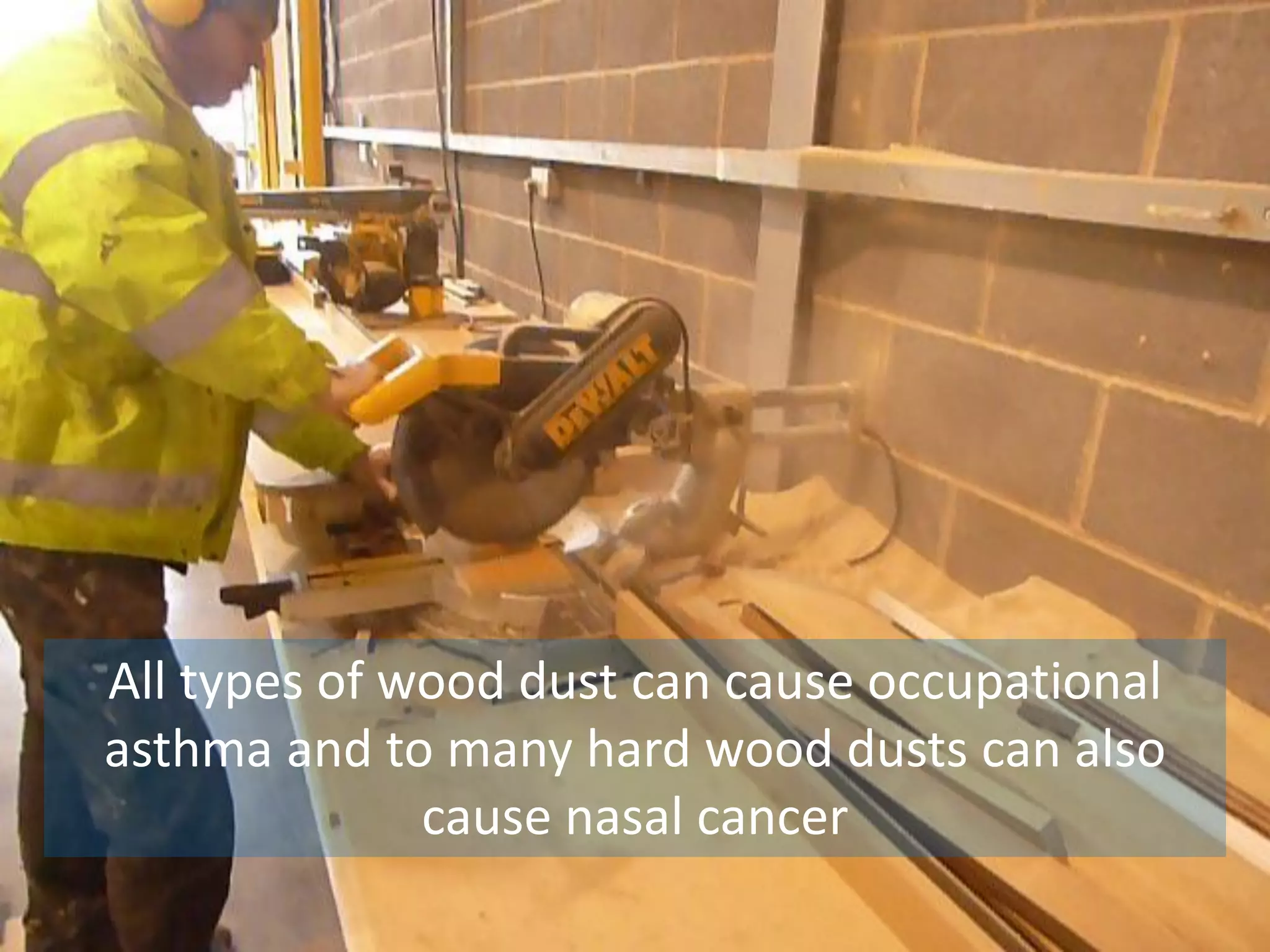www.breathefreely.org.uk www.bohs.org
Controlling Exposures to
Prevent occupational lung disease
in the construction industry
All types of wood dust can cause occupational
asthma and to many hard wood dusts can also
cause nasal cancer
 