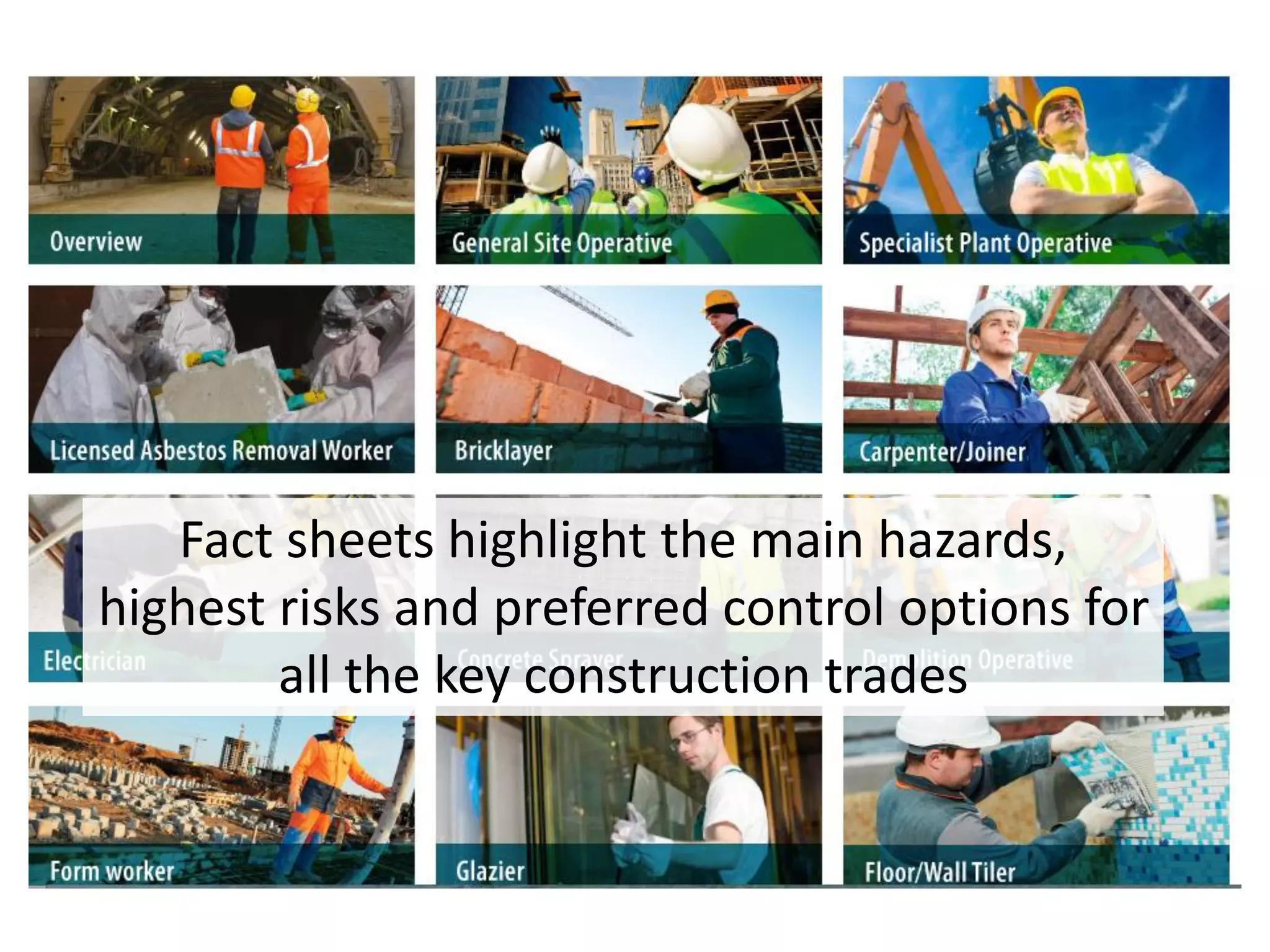 Fact sheets highlight the main hazards,
highest risks and preferred control options for
all the key construction trades
 