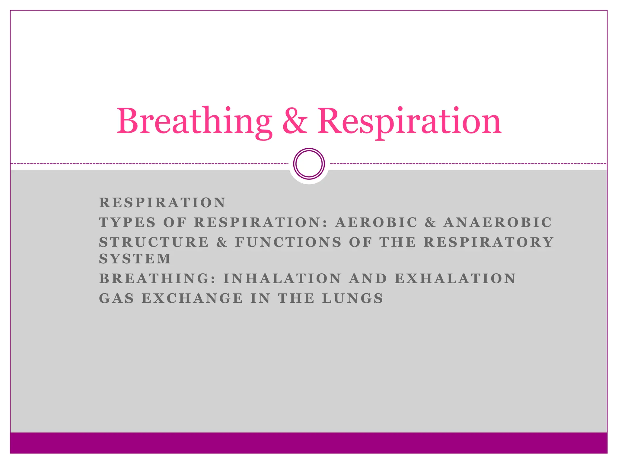 R E S P I R A T I O N
T Y P E S O F R E S P I R A T I O N : A E R O B I C & A N A E R O B I C
S T R U C T U R E & F U N C T I O N S O F T H E R E S P I R A T O R Y
S Y S T E M
B R E A T H I N G : I N H A L A T I O N A N D E X H A L A T I O N
G A S E X C H A N G E I N T H E L U N G S
Breathing & Respiration
 