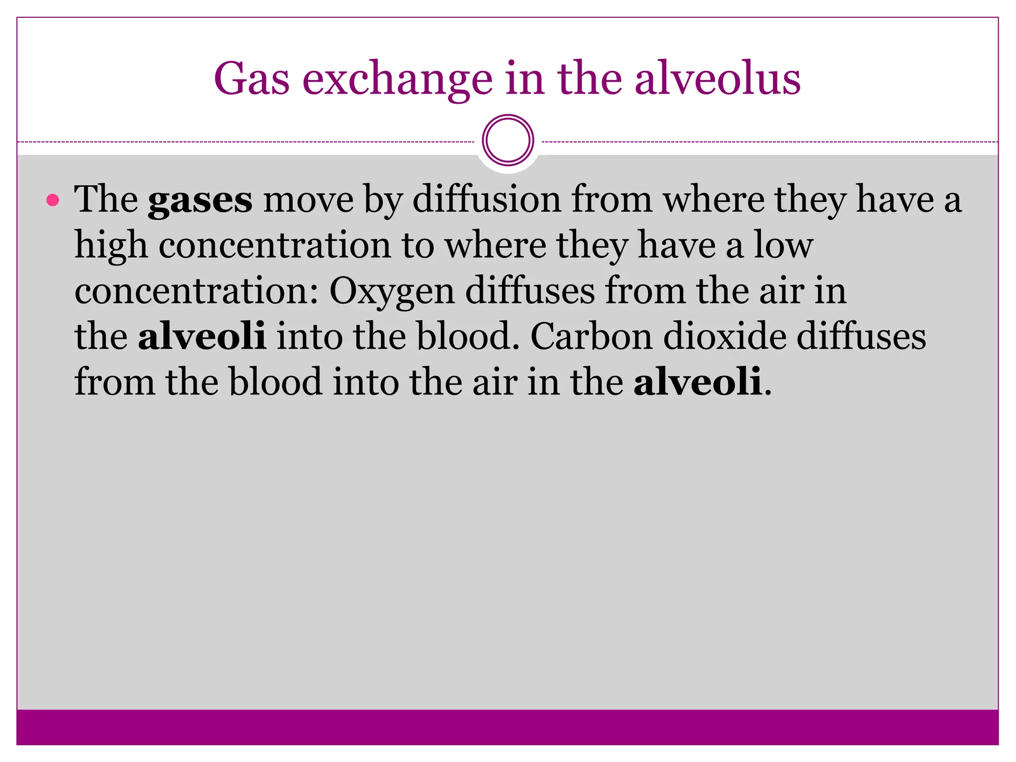 Gas exchange in the alveolus
 The gases move by diffusion from where they have a
high concentration to where they have a low
concentration: Oxygen diffuses from the air in
the alveoli into the blood. Carbon dioxide diffuses
from the blood into the air in the alveoli.
 
