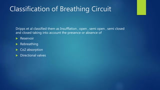Classification of Breathing Circuit
Dripps et al classified them as Insufflation , open , semi open , semi closed
and closed taking into account the presence or absence of
 Reservoir
 Rebreathing
 Co2 absorption
 Directional valves
 