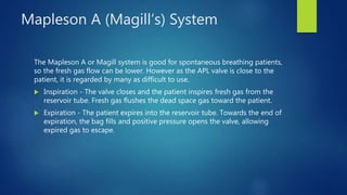 Mapleson A (Magill‘s) System
The Mapleson A or Magill system is good for spontaneous breathing patients,
so the fresh gas flow can be lower. However as the APL valve is close to the
patient, it is regarded by many as difficult to use.
 Inspiration - The valve closes and the patient inspires fresh gas from the
reservoir tube. Fresh gas flushes the dead space gas toward the patient.
 Expiration - The patient expires into the reservoir tube. Towards the end of
expiration, the bag fills and positive pressure opens the valve, allowing
expired gas to escape.
 