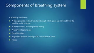 Components of Breathing system
It primarily consists of
 A fresh gas entry port/delivery tube through which gases are delivered from the
machine to the systems.
 A port to connect it to the patients airway.
 A reservoir bag for a gas
 Breathing tubes
 Adjustable pressure limiting (APL) valve/pop off valve
 Filters
 
