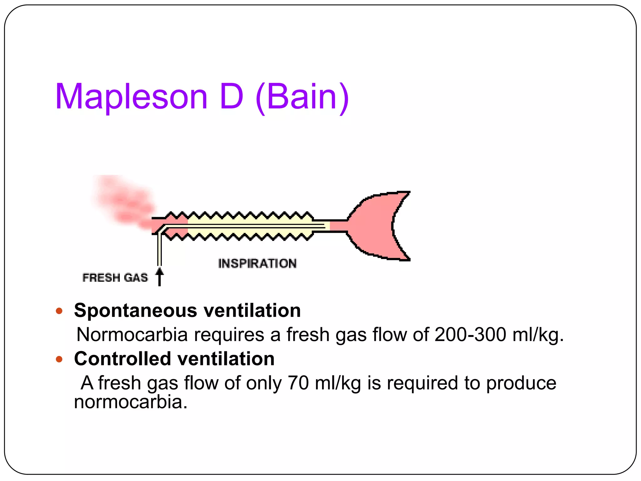 Mapleson D (Bain)
 Spontaneous ventilation
Normocarbia requires a fresh gas flow of 200-300 ml/kg.
 Controlled ventilation
A fresh gas flow of only 70 ml/kg is required to produce
normocarbia.
 