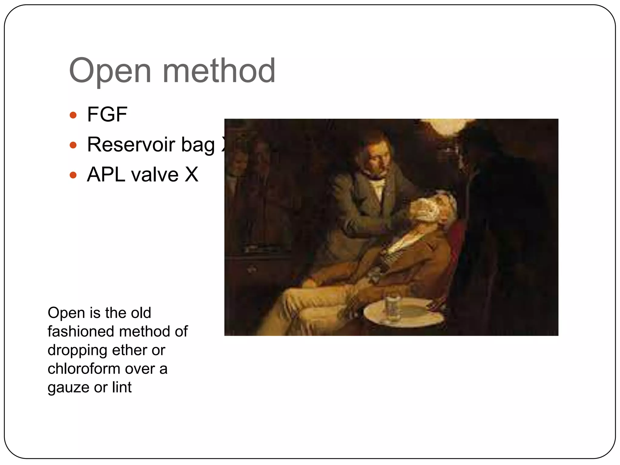 Open method
 FGF
 Reservoir bag X
 APL valve X
Open is the old
fashioned method of
dropping ether or
chloroform over a
gauze or lint
 