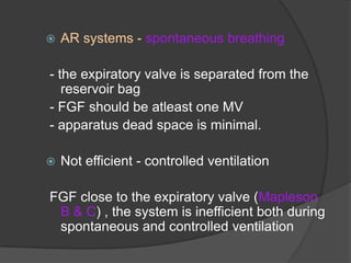 

AR systems - spontaneous breathing

- the expiratory valve is separated from the
reservoir bag
- FGF should be atleast one MV
- apparatus dead space is minimal.


Not efficient - controlled ventilation

FGF close to the expiratory valve (Mapleson
B & C) , the system is inefficient both during
spontaneous and controlled ventilation

 