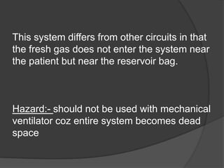 This system differs from other circuits in that
the fresh gas does not enter the system near
the patient but near the reservoir bag.

Hazard:- should not be used with mechanical
ventilator coz entire system becomes dead
space

 