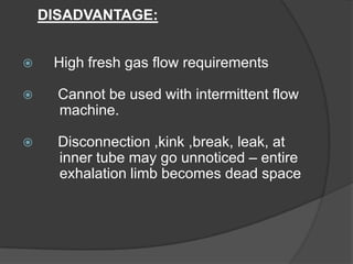 DISADVANTAGE:


High fresh gas flow requirements



Cannot be used with intermittent flow
machine.



Disconnection ,kink ,break, leak, at
inner tube may go unnoticed – entire
exhalation limb becomes dead space

 