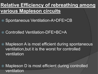 Relative Efficiency of rebreathing among
various Mapleson circuits


Spontaneous Ventilation-A>DFE>CB



Controlled Ventilation-DFE>BC>A



Mapleson A is most efficient during spontaneous
ventilation,but it is the worst for controlled
ventilation



Mapleson D is most efficient during controlled
ventilation

 