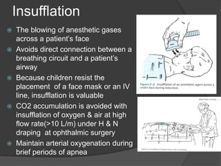 Insufflation









The blowing of anesthetic gases
across a patient’s face
Avoids direct connection between a
breathing circuit and a patient’s
airway
Because children resist the
placement of a face mask or an IV
line, insufflation is valuable
CO2 accumulation is avoided with
insufflation of oxygen & air at high
flow rate(>10 L/m) under H & N
draping at ophthalmic surgery
Maintain arterial oxygenation during
brief periods of apnea

 
