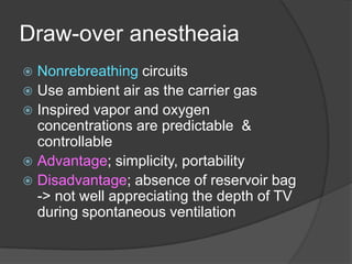 Draw-over anestheaia
Nonrebreathing circuits
 Use ambient air as the carrier gas
 Inspired vapor and oxygen
concentrations are predictable &
controllable
 Advantage; simplicity, portability
 Disadvantage; absence of reservoir bag
-> not well appreciating the depth of TV
during spontaneous ventilation


 